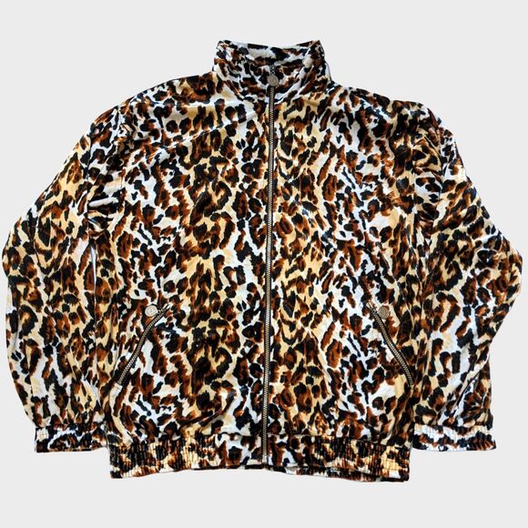 Vintage Anney Leopard Print Jacket Womens L Velour Mob Wife Grandmacore Animal - Picture 1 of 8